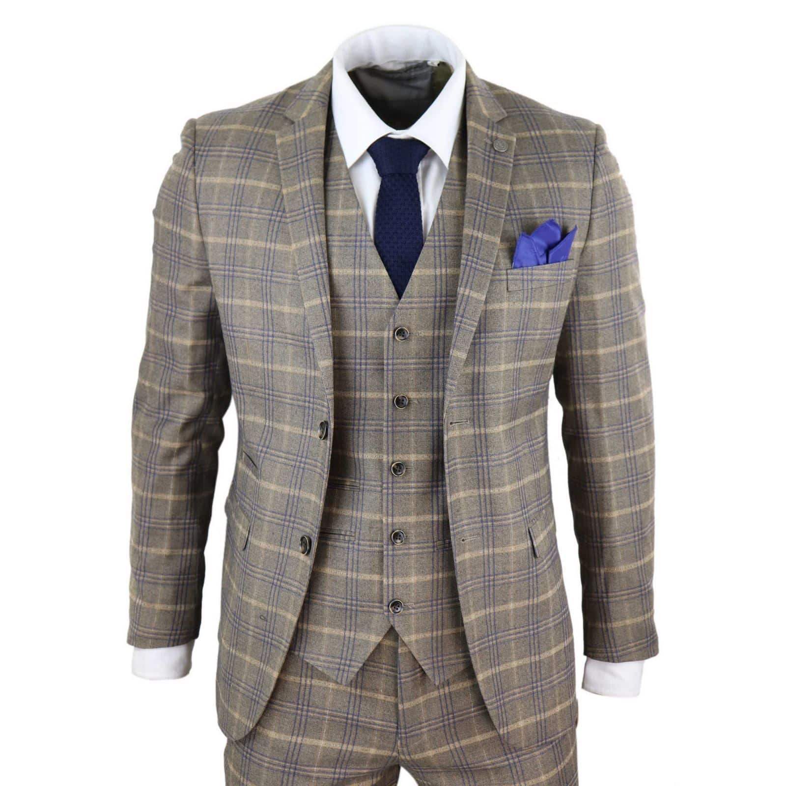 Traje de tres piezas para hombre, marrón con cuadros azules - Paul Andrew Kenneth