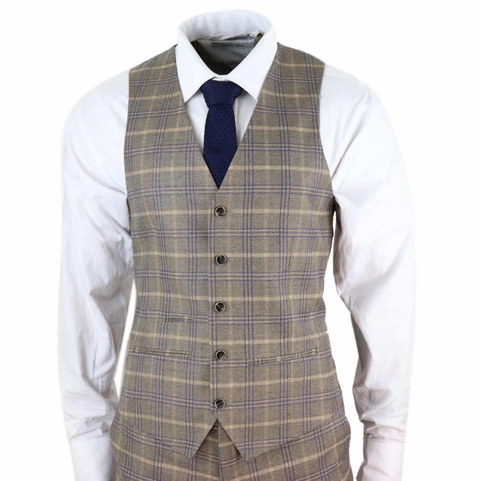 Traje de tres piezas para hombre, marrón con cuadros azules - Paul Andrew Kenneth