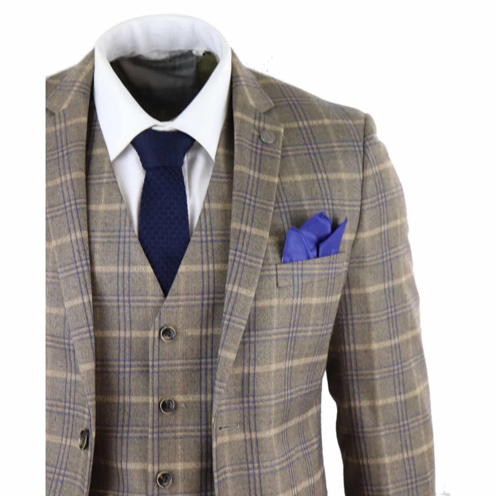 Traje de tres piezas para hombre, marrón con cuadros azules - Paul Andrew Kenneth