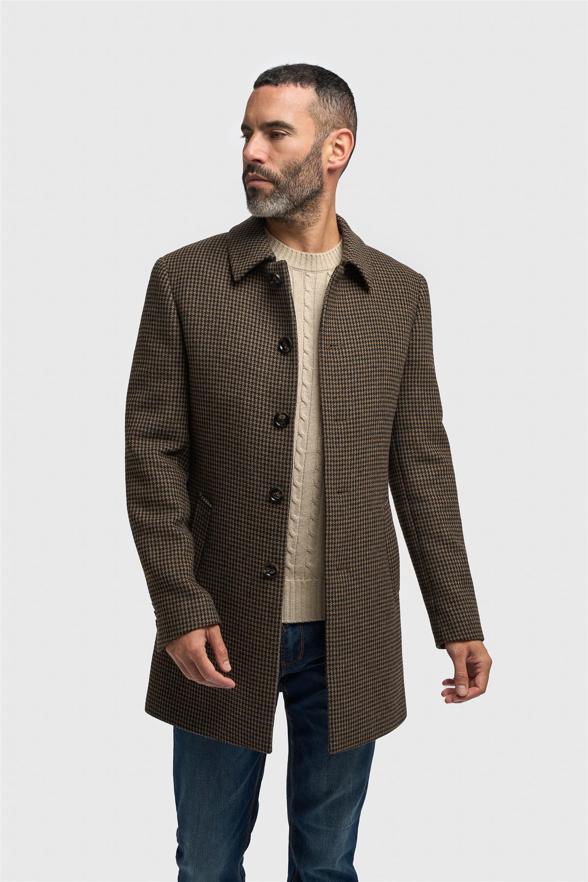 Abrigo de hombre de tweed con estampado de pata de gallo, mezcla de lana marrón
