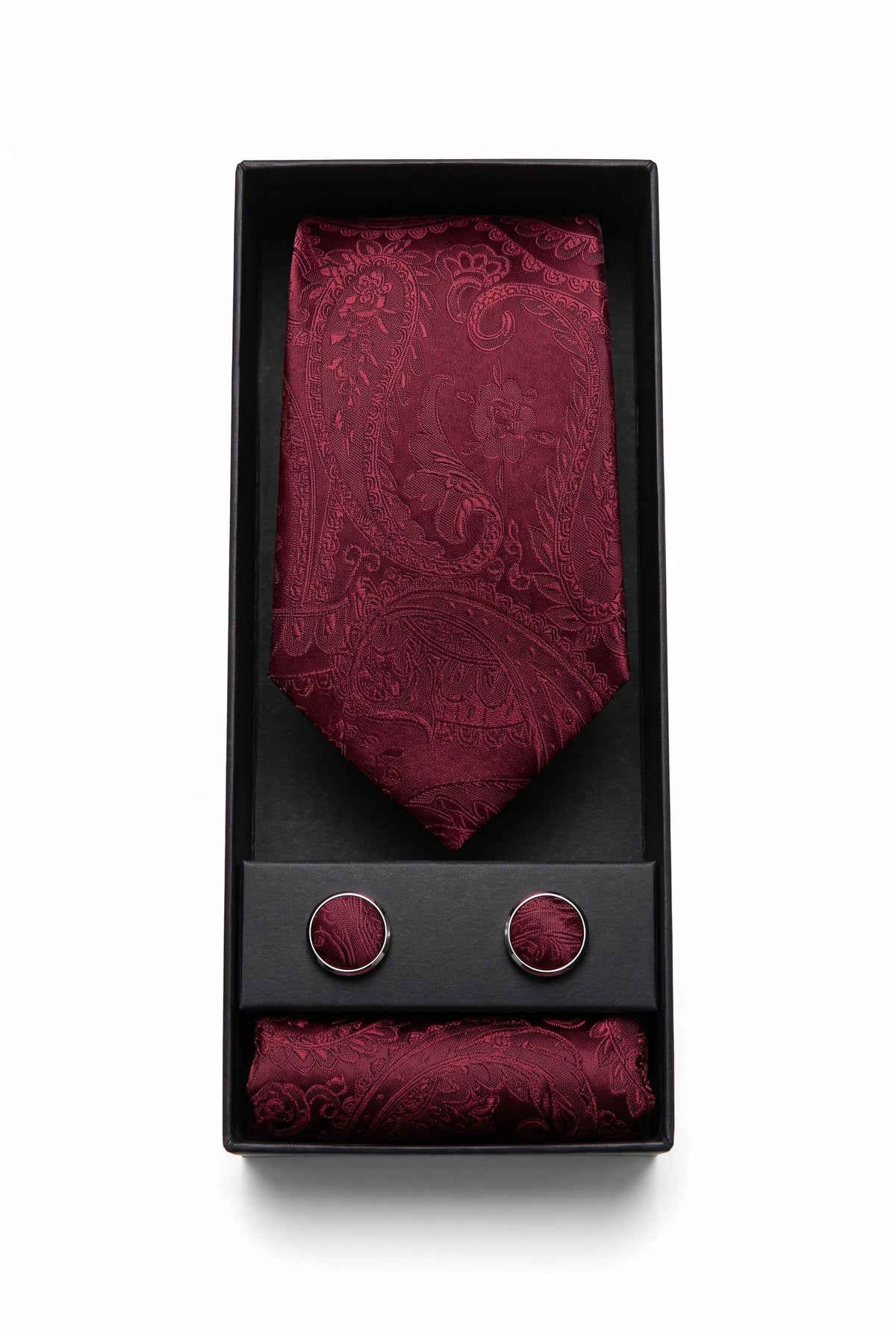 Set de regalo de corbata de hombre color burdeos con estampado paisley