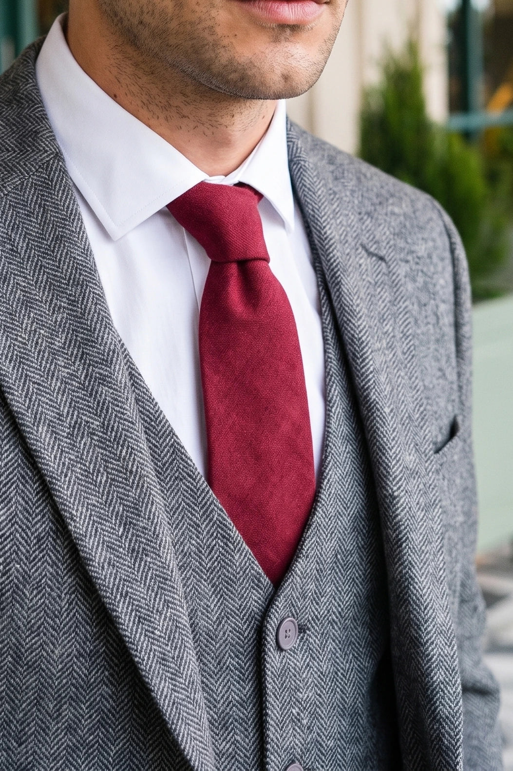 Corbata de hombre color burdeos con acabado de ante.