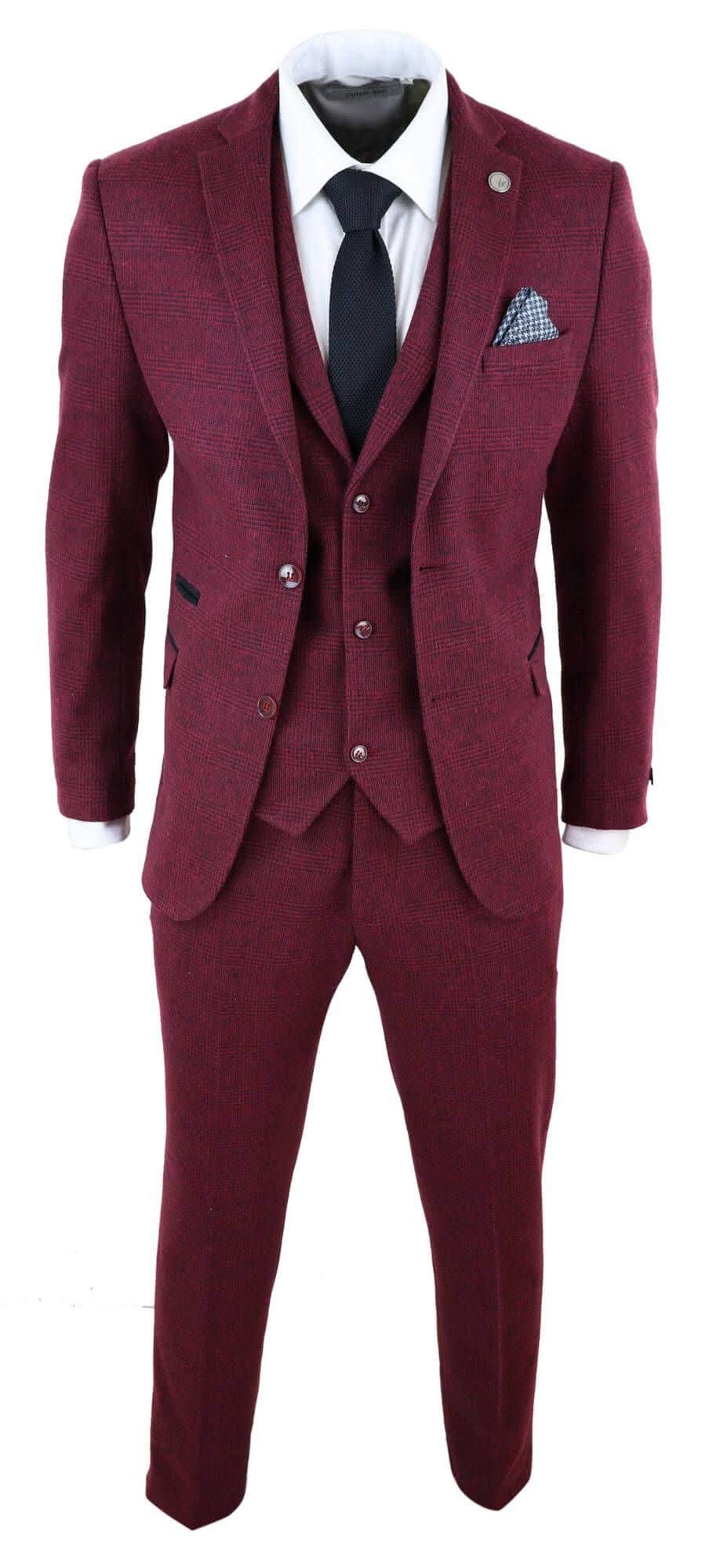 Traje de tres piezas de tweed color burdeos para hombre - STZ17
