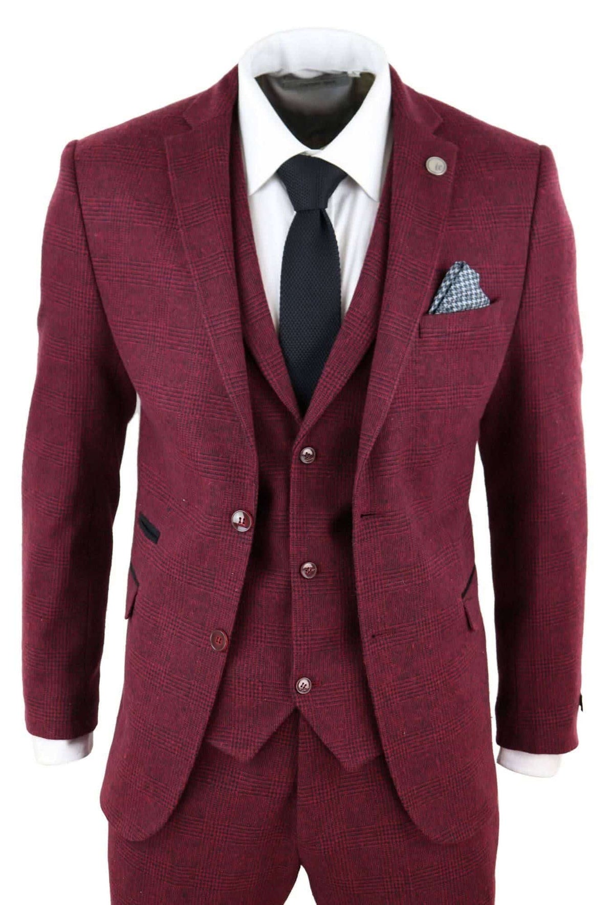 Traje de tres piezas de tweed color burdeos para hombre - STZ17