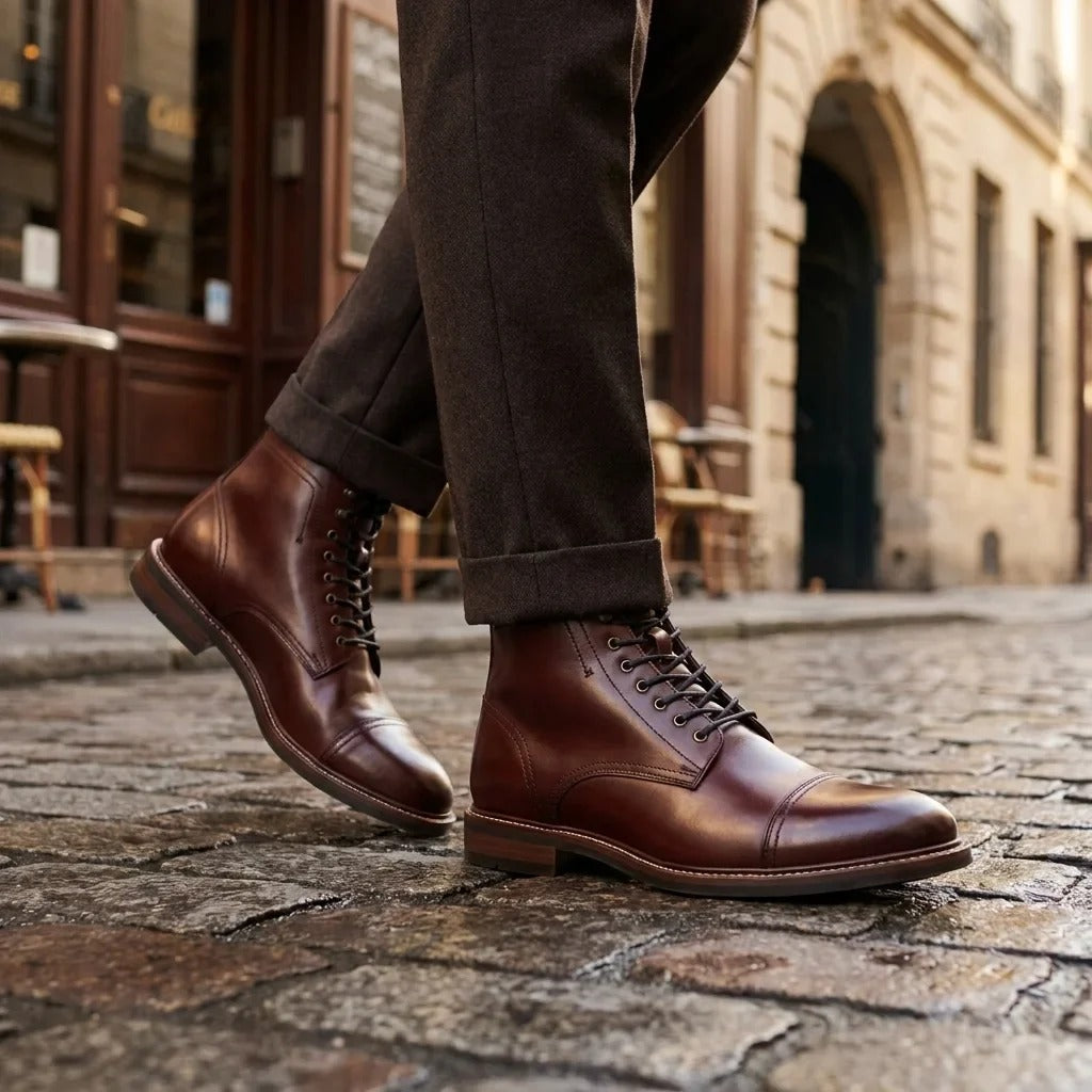 Botines Balmoral de piel burdeos para hombre con puntera reforzada.