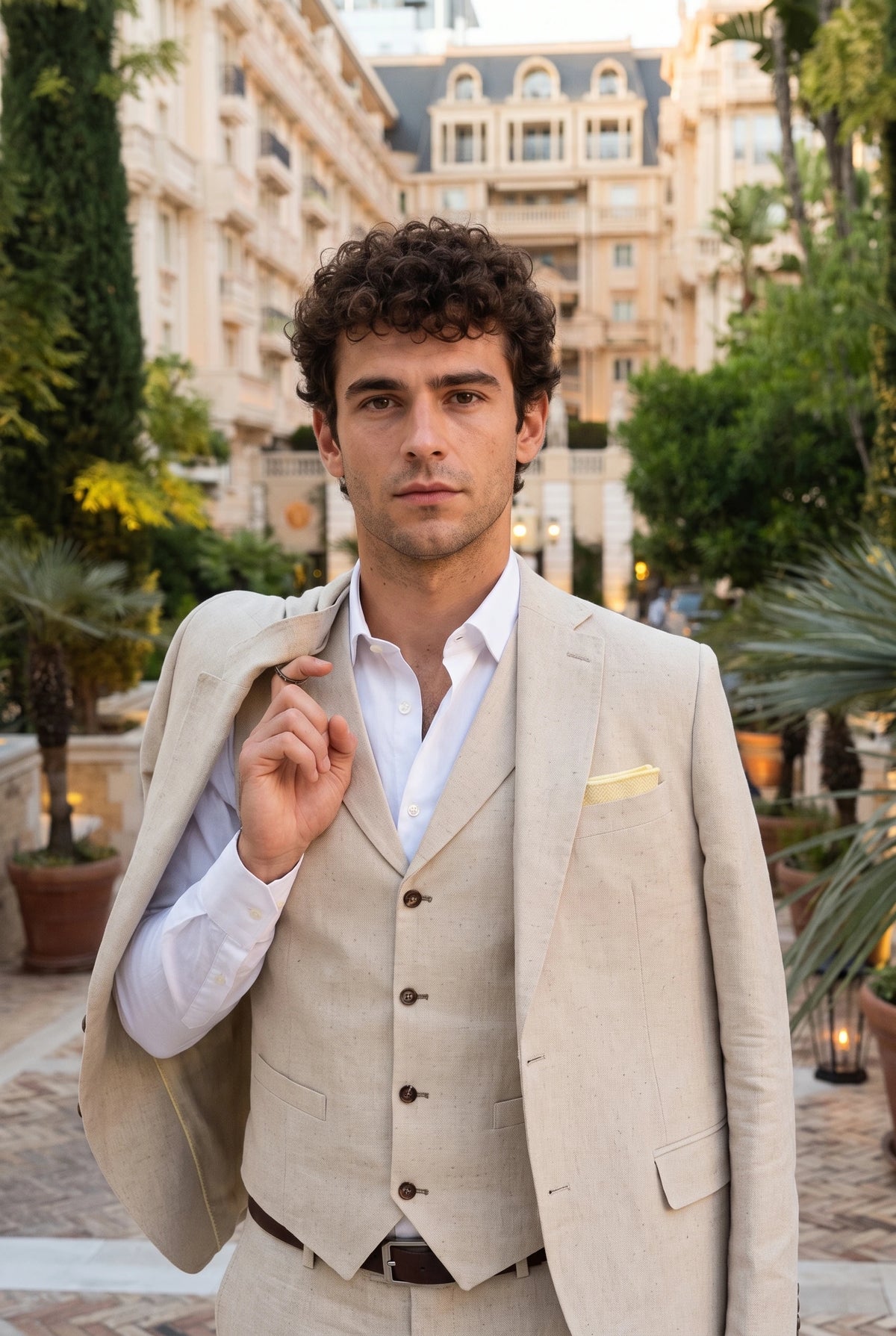 Pañuelo de bolsillo para hombre de mezcla de lana y tweed color champán.