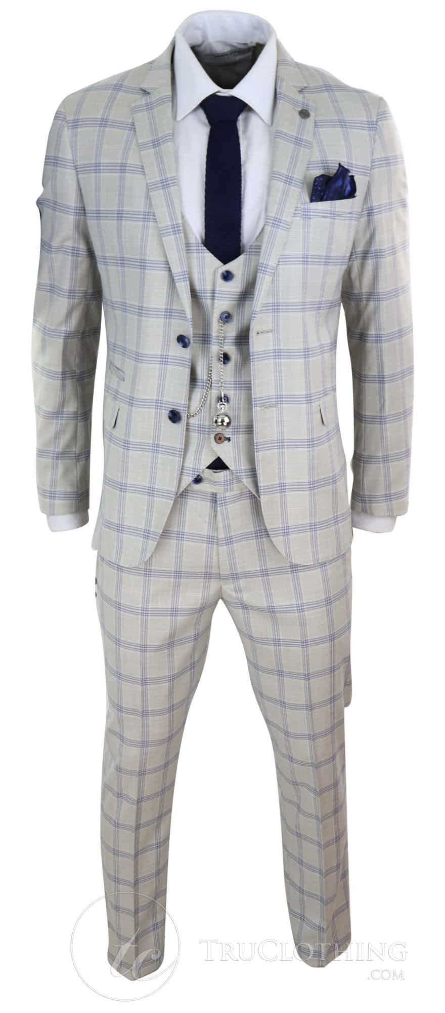 Traje de boda a cuadros azul crema para hombre