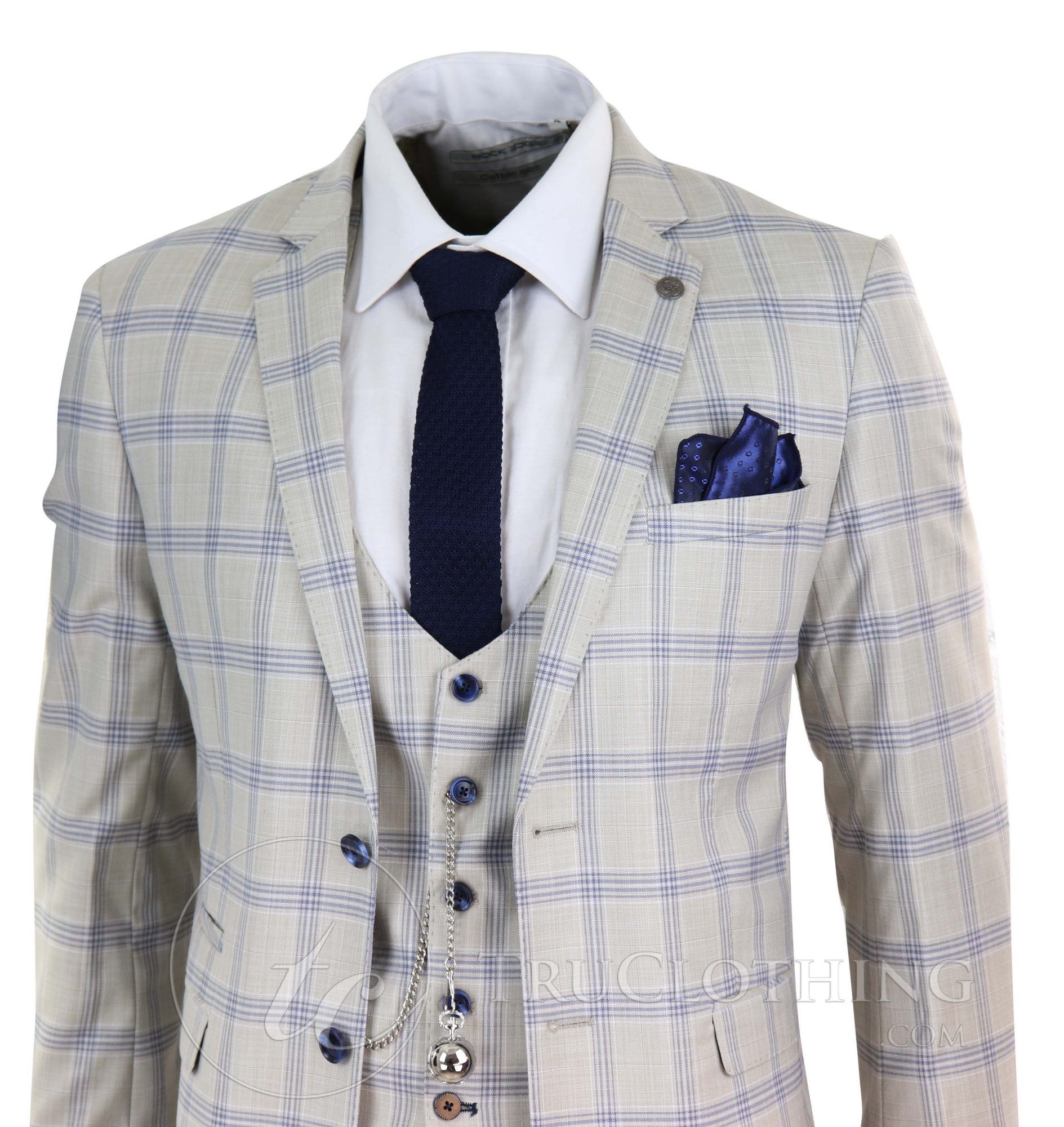 Traje de boda a cuadros azul crema para hombre