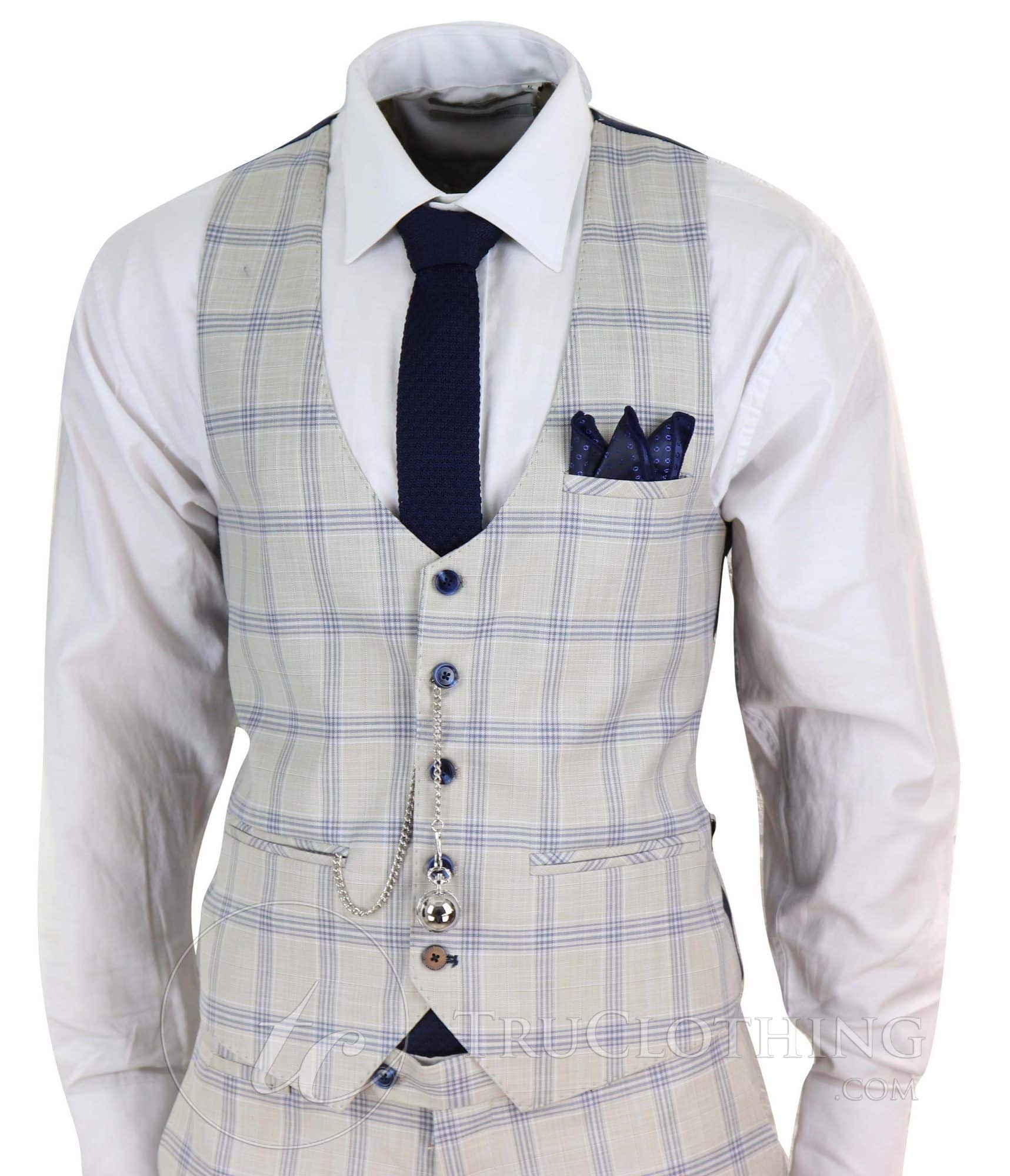 Traje de boda a cuadros azul crema para hombre
