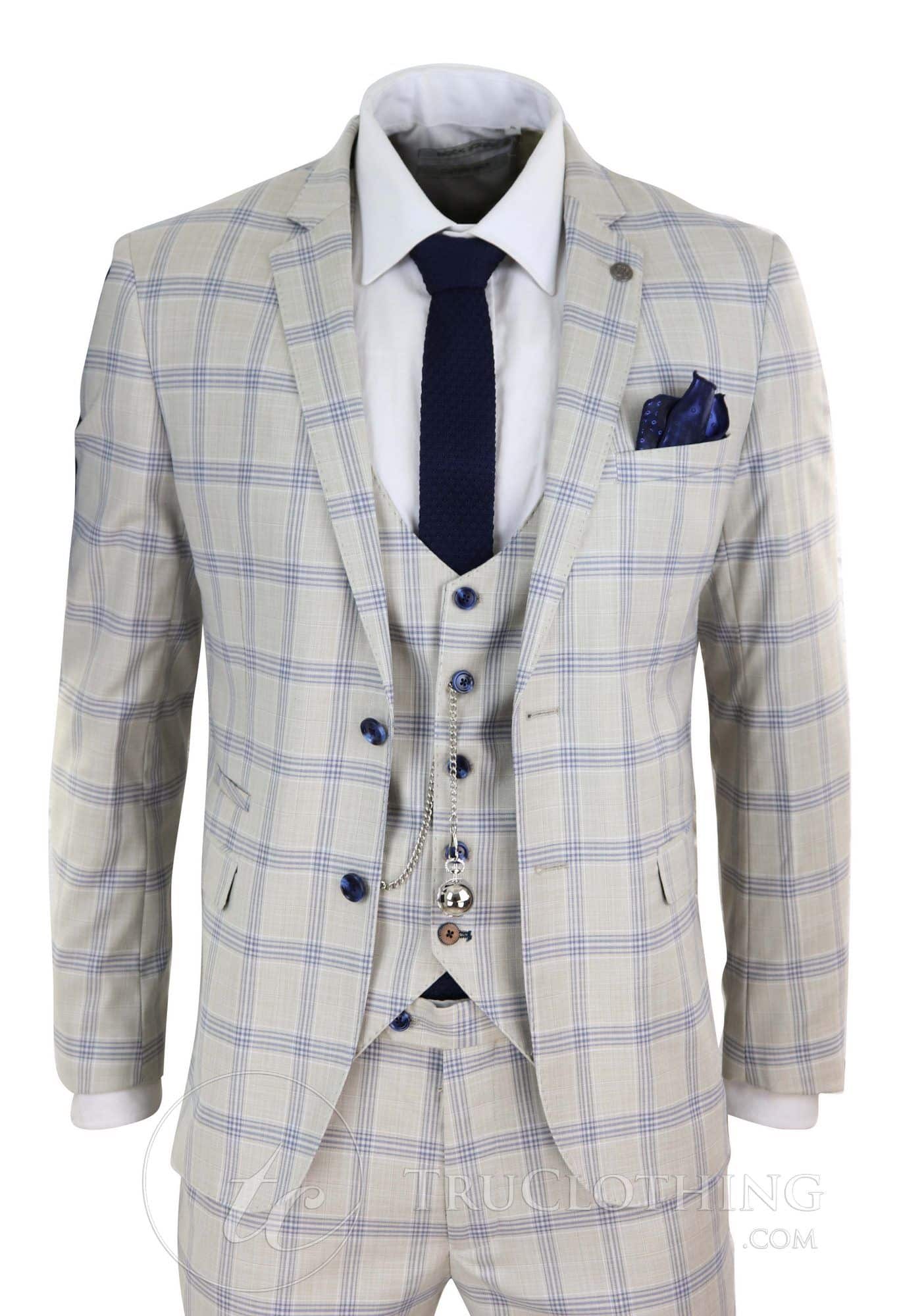 Traje de boda a cuadros azul crema para hombre
