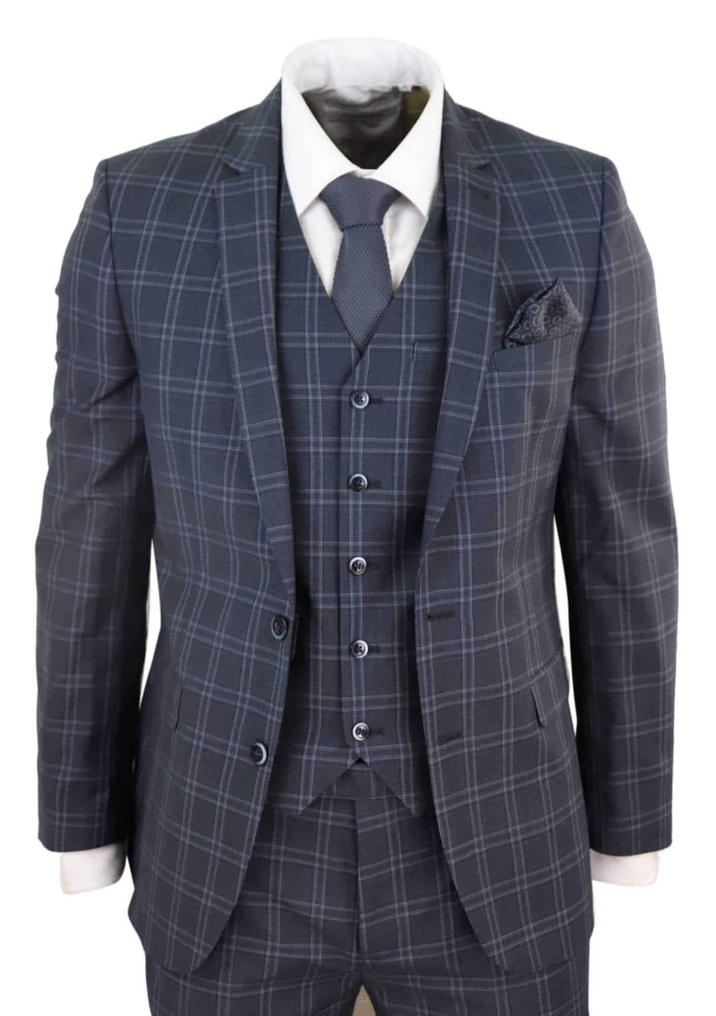 Traje de tres piezas a cuadros gris oscuro para hombre
