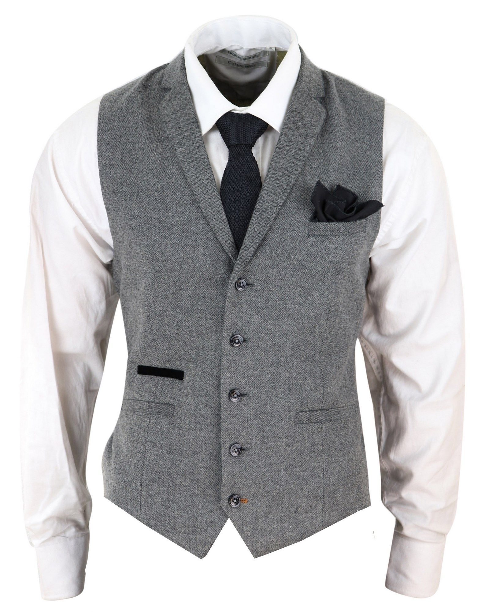 Chaleco de tweed gris oscuro con diseño de espiga para hombre