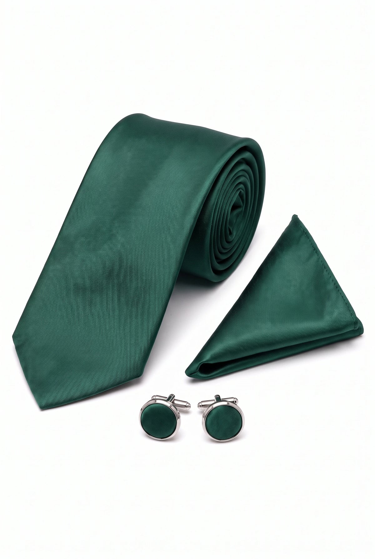 Conjunto de corbata verde bosque para hombre con pañuelo de bolsillo y gemelos.
