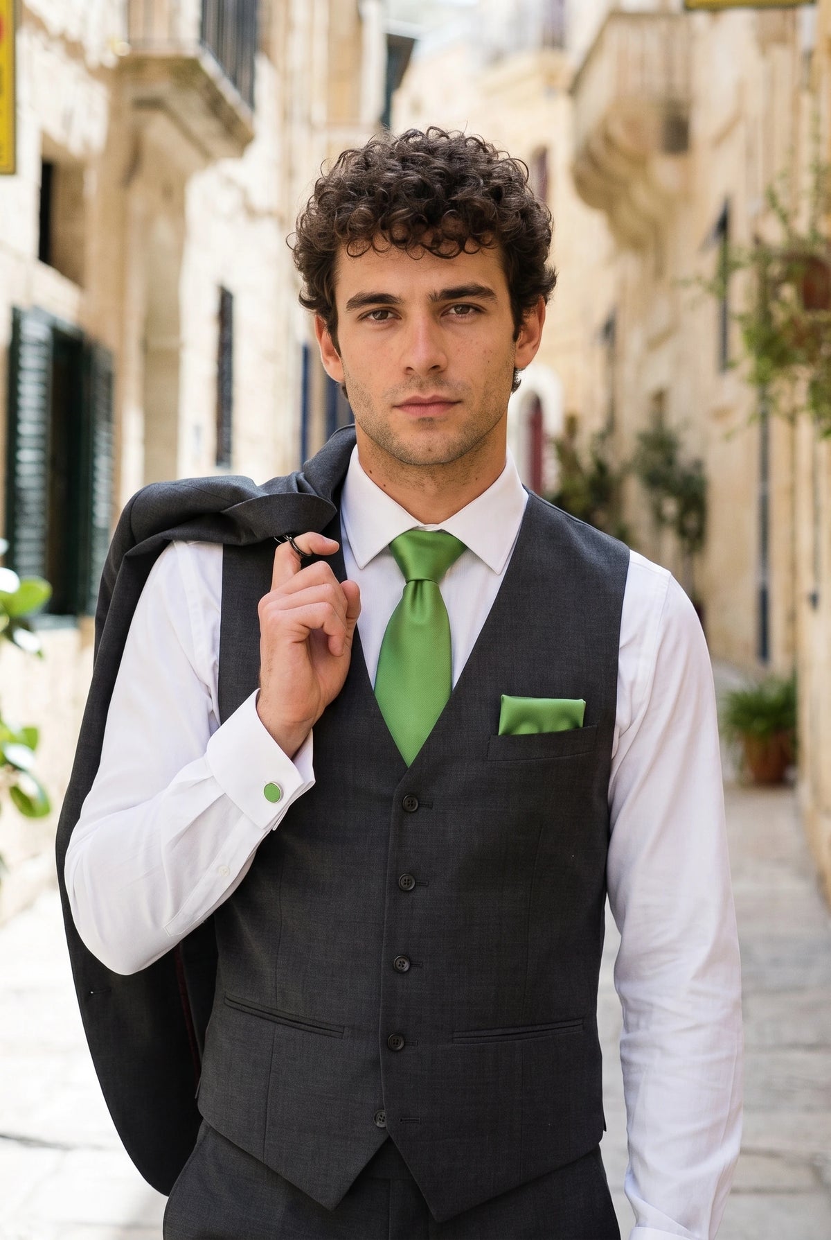 Conjunto de corbata verde para hombre con pañuelo de bolsillo y gemelos a juego.