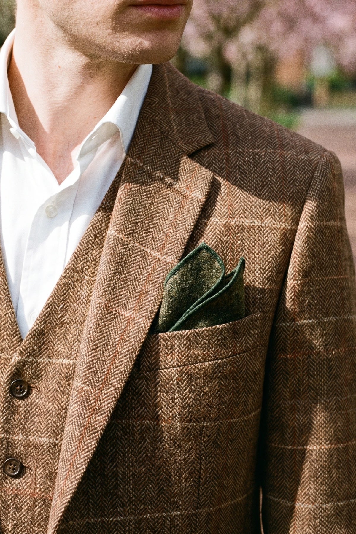 Pañuelo de bolsillo para hombre de mezcla de lana y tweed verde.