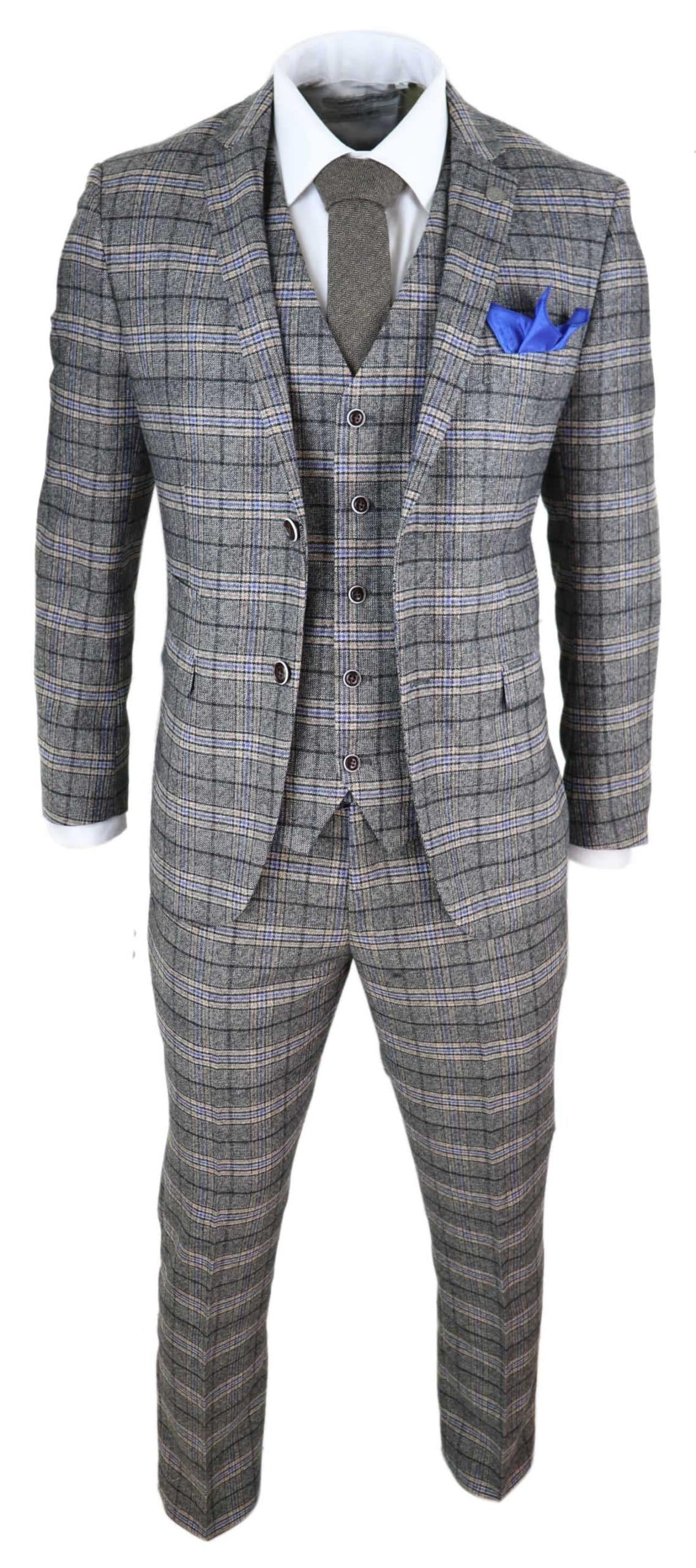 Traje de tres piezas de tweed gris a cuadros para hombre