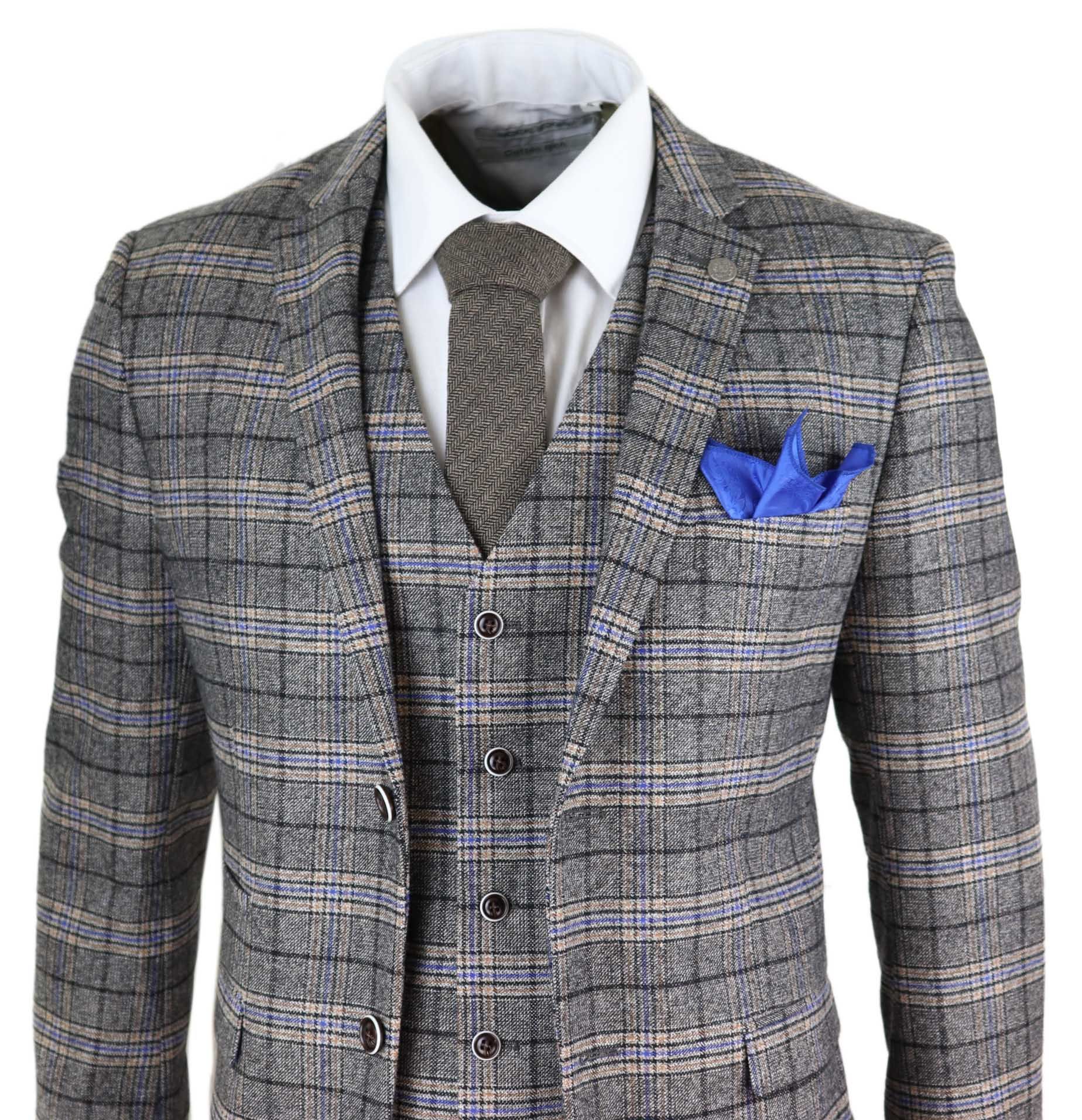 Traje de tres piezas de tweed gris a cuadros para hombre