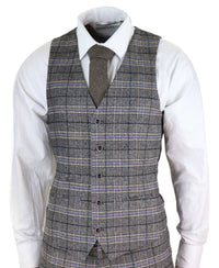 Traje de tres piezas de tweed gris a cuadros para hombre