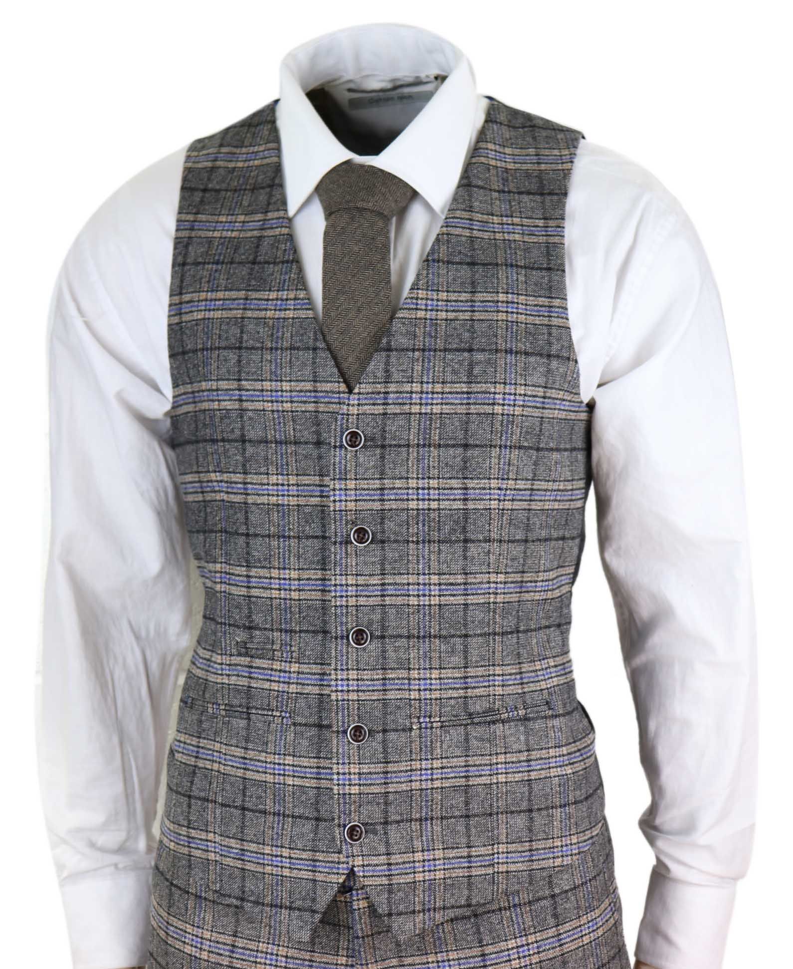 Traje de tres piezas de tweed gris a cuadros para hombre