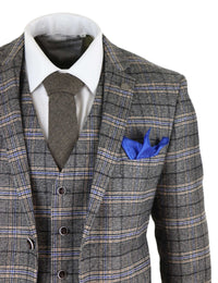 Traje de tres piezas de tweed gris a cuadros para hombre