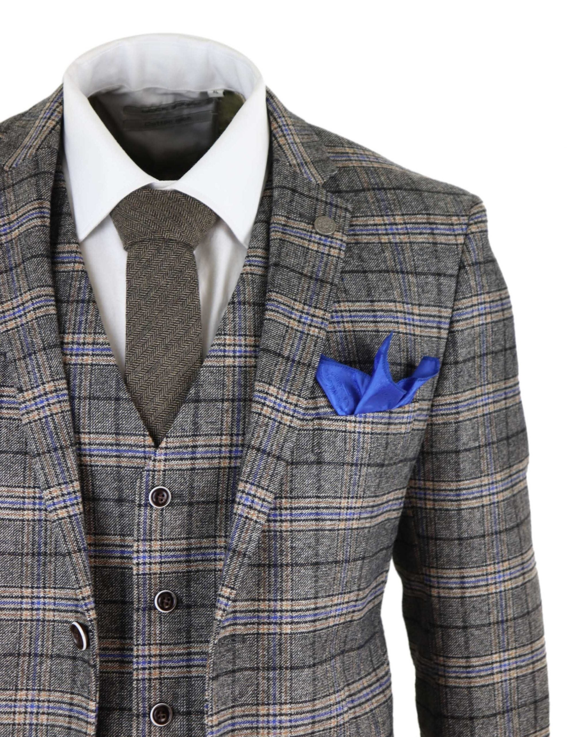 Traje de tres piezas de tweed gris a cuadros para hombre