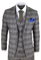 Traje de tres piezas de tweed gris a cuadros para hombre