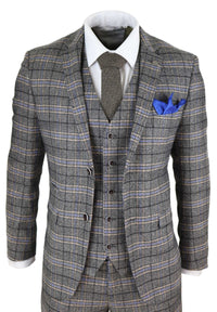 Traje de tres piezas de tweed gris a cuadros para hombre