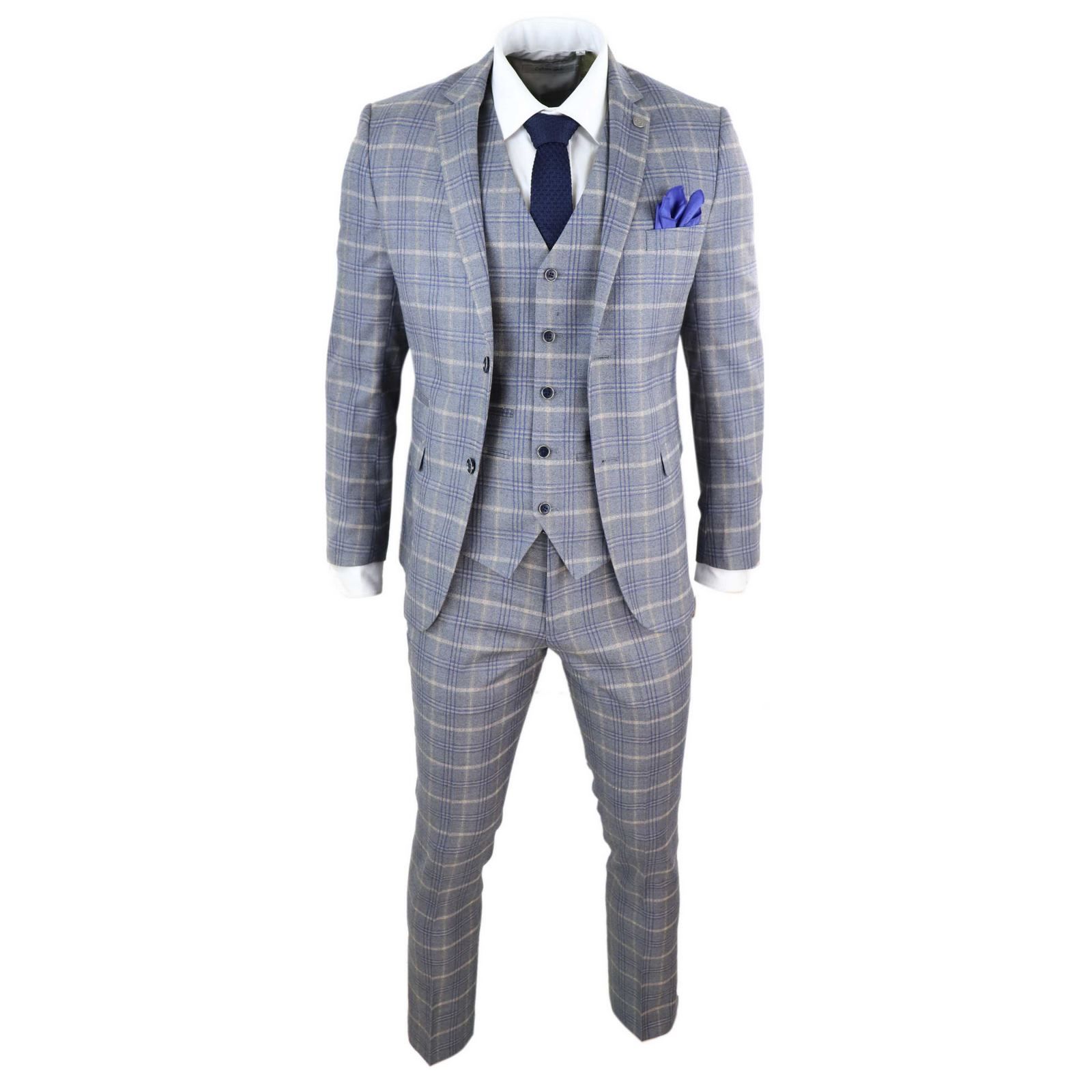 Traje de tres piezas para hombre a cuadros gris azulado - Paul Andrew Kenneth