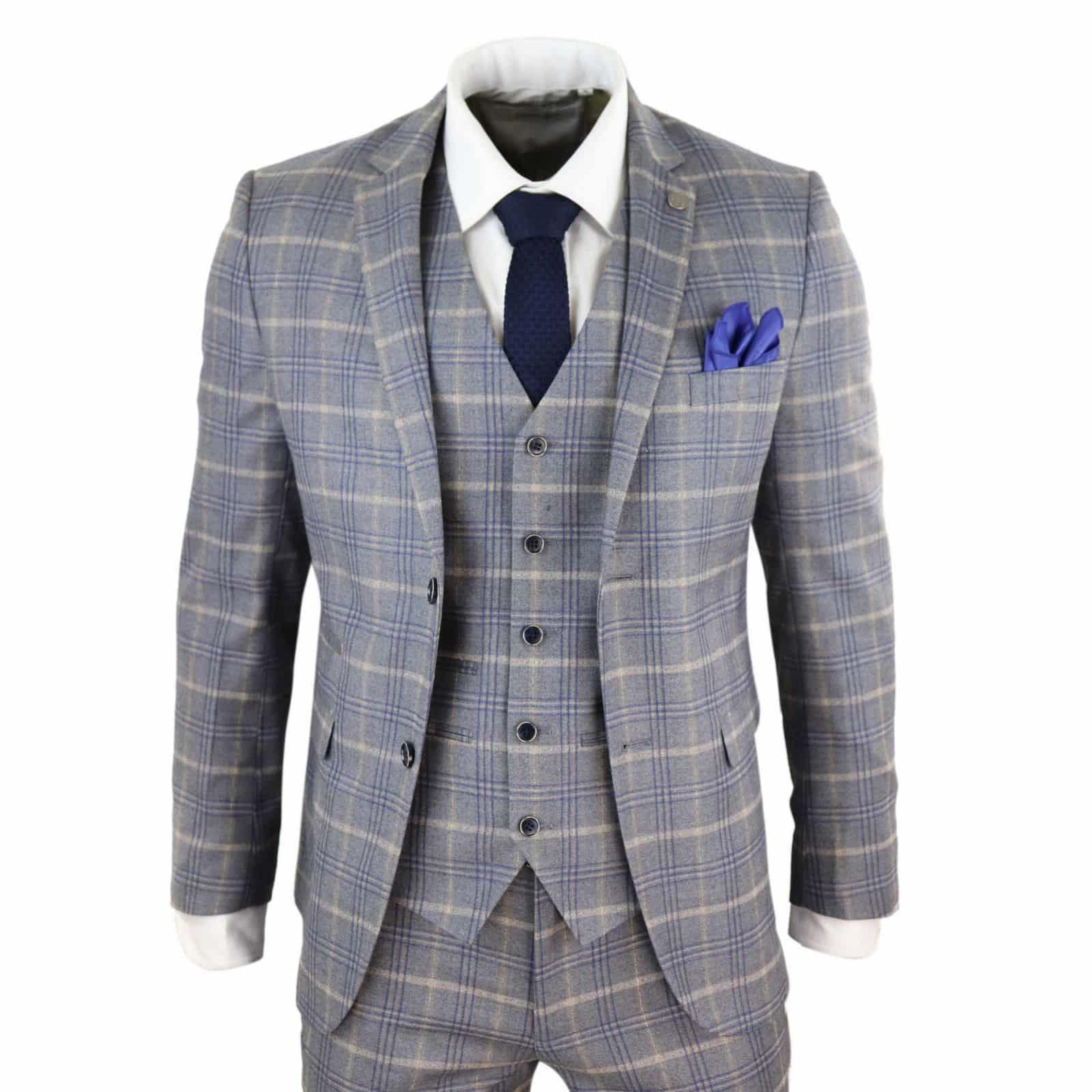 Traje de tres piezas para hombre a cuadros gris azulado - Paul Andrew Kenneth