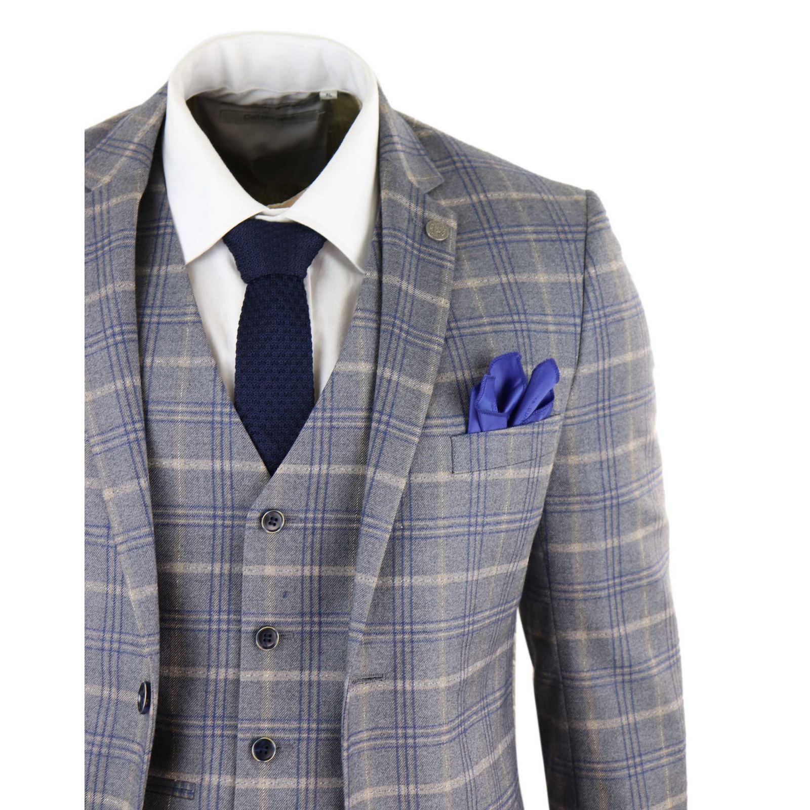 Traje de tres piezas para hombre a cuadros gris azulado - Paul Andrew Kenneth