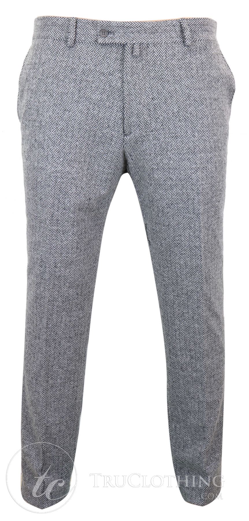 Pantalones de lana de espiga de tweed gris carbón para hombre - Gris