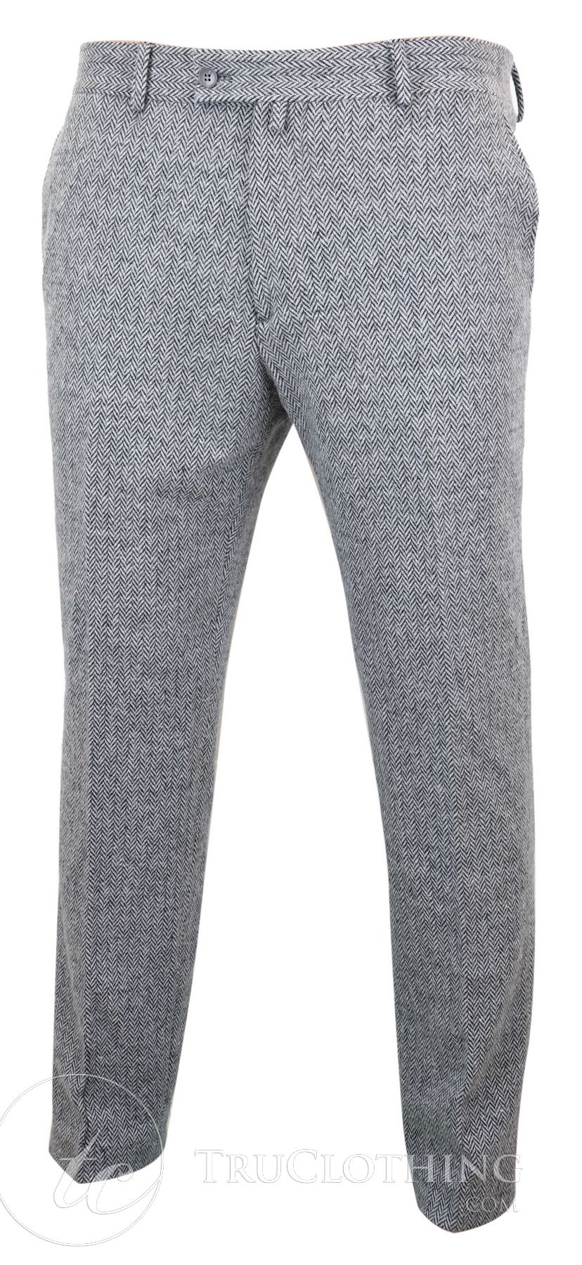 Pantalones de lana de espiga de tweed gris carbón para hombre - Gris