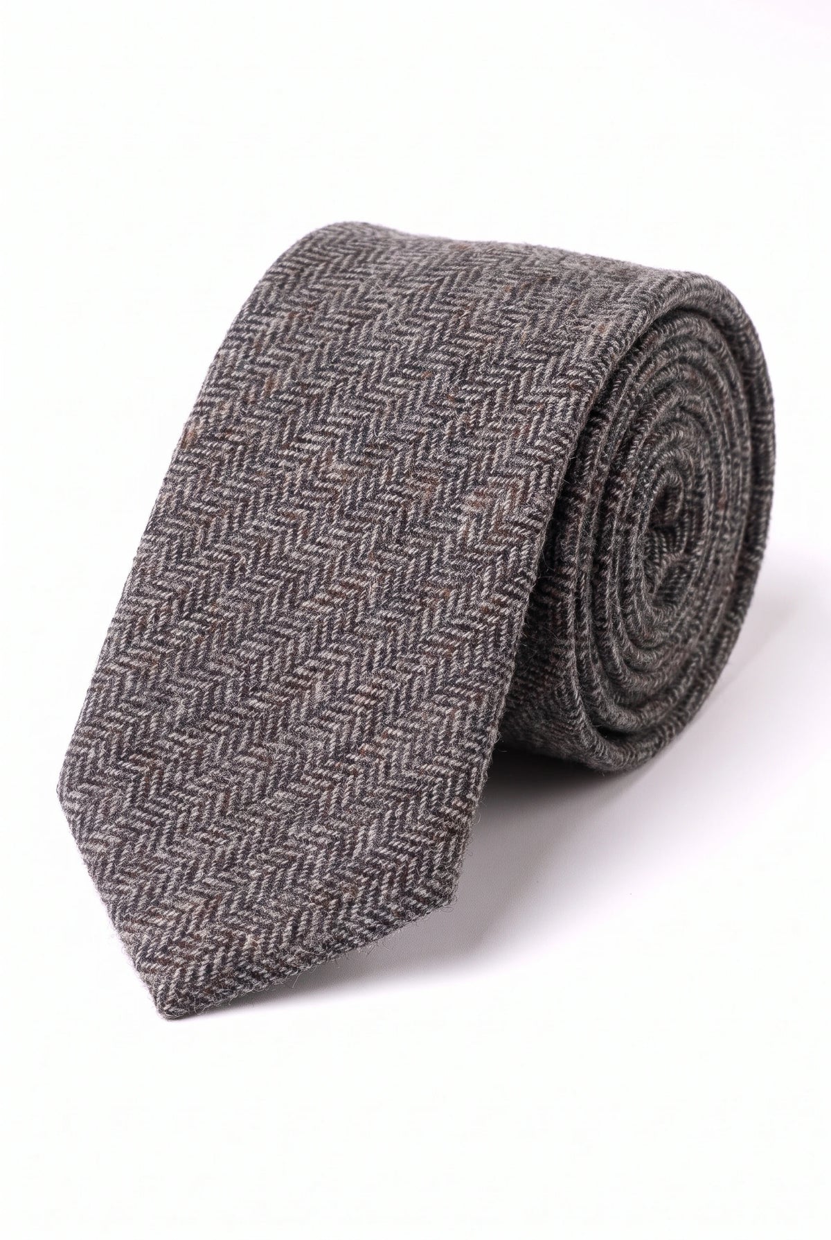 Corbata de tweed de mezcla de lana gris con estampado de espiga para hombre