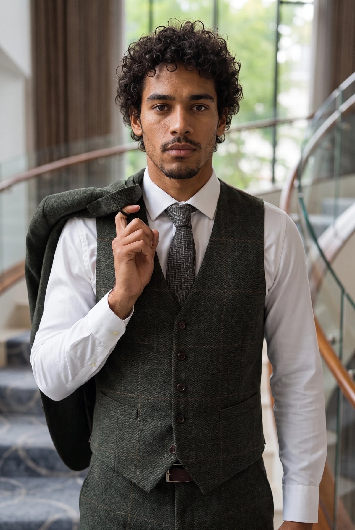 Corbata de tweed de mezcla de lana gris con estampado de espiga para hombre