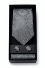 Set de regalo de corbata gris con estampado paisley para hombre