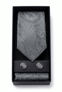 Set de regalo de corbata gris con estampado paisley para hombre