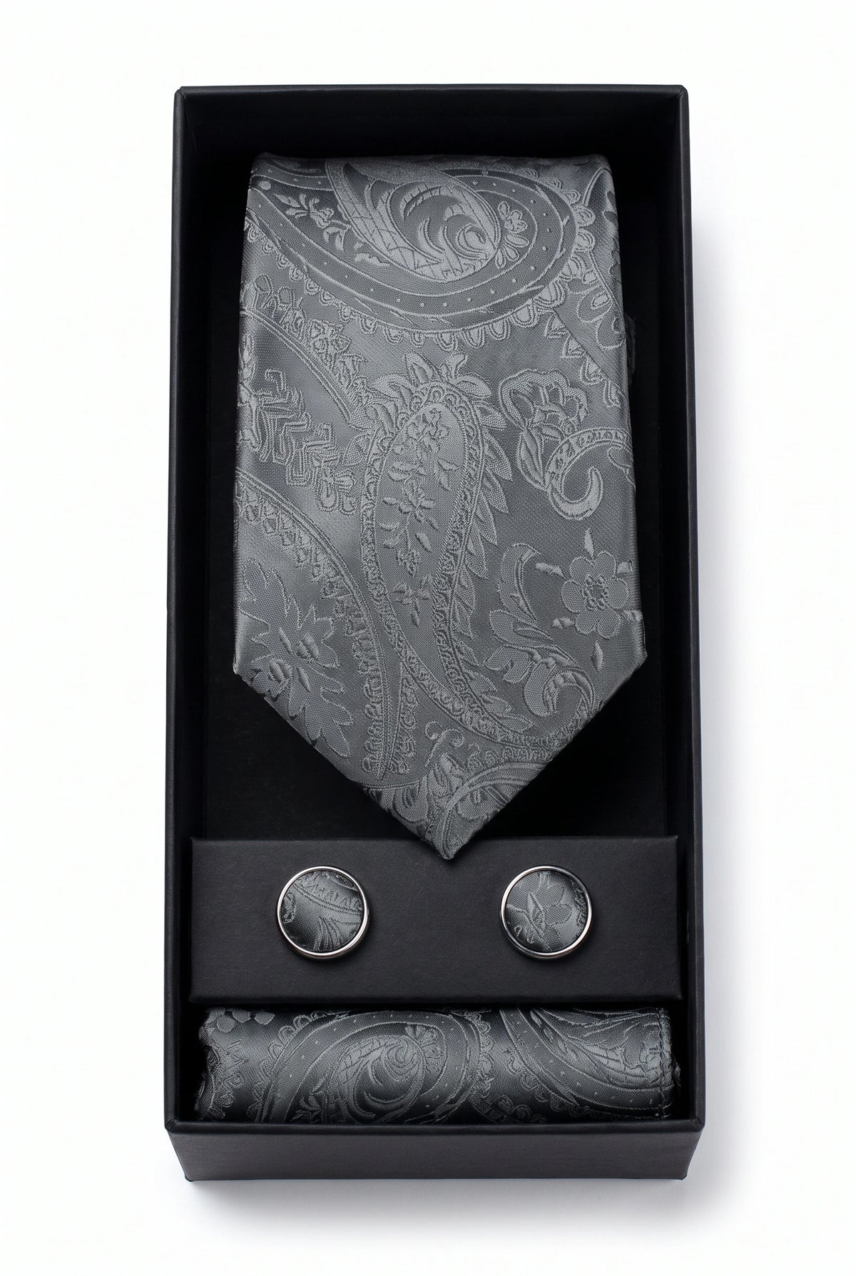 Set de regalo de corbata gris con estampado paisley para hombre