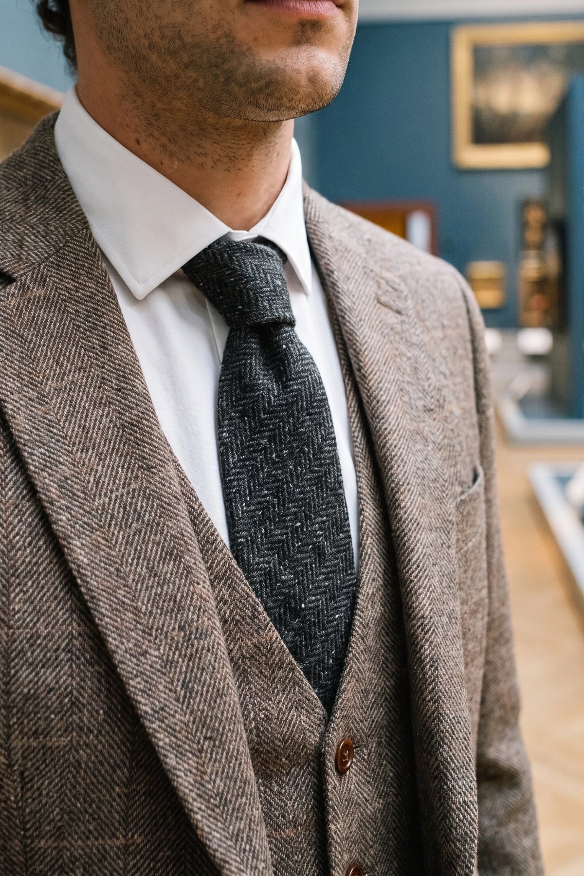 Corbata de tweed gris de mezcla de lana para hombre