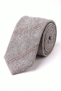Corbata de hombre de tweed de lana gris con estampado de espiga.