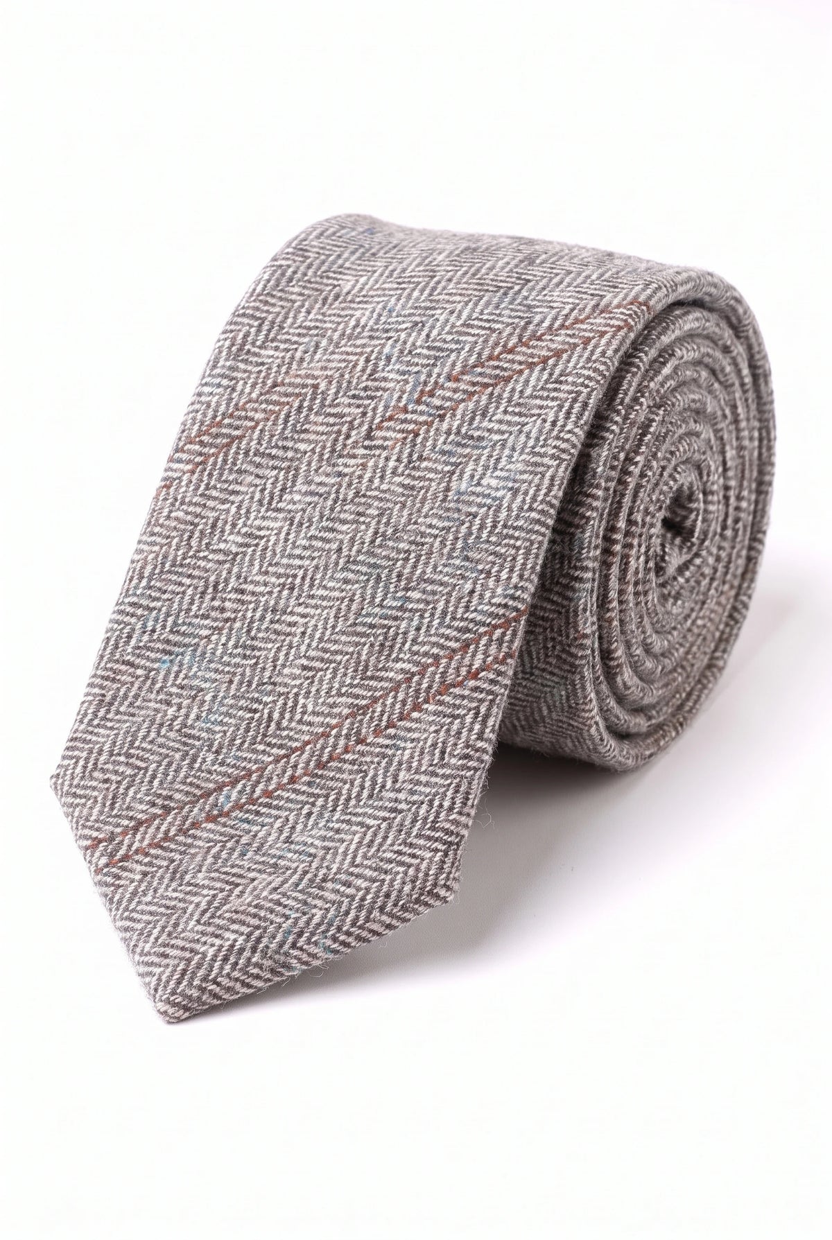 Corbata de hombre de tweed de lana gris con estampado de espiga.