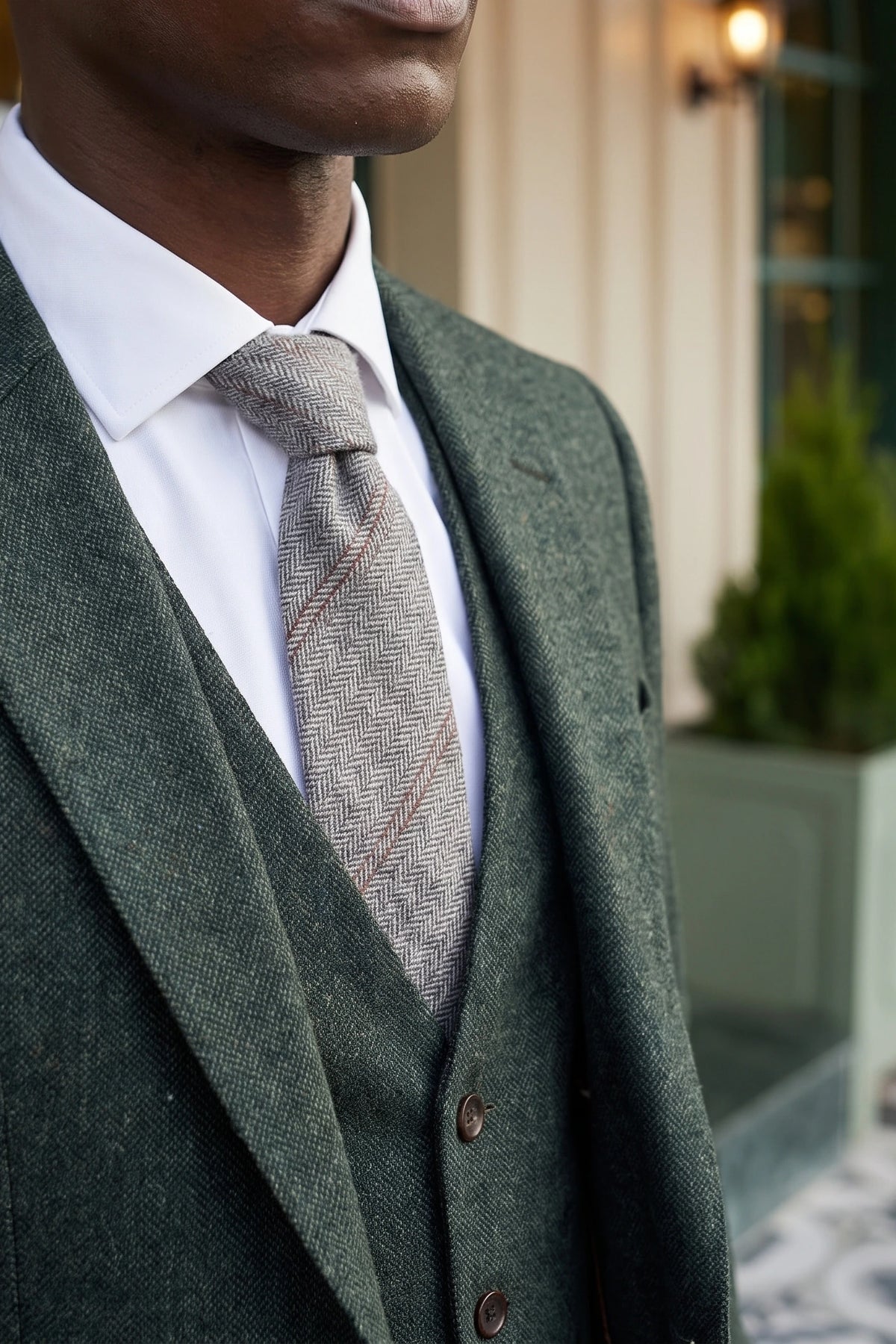 Corbata de hombre de tweed de lana gris con estampado de espiga.