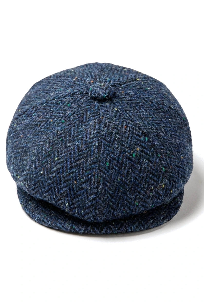Gorra de hombre de tweed azul con estampado de espiga y 8 paneles