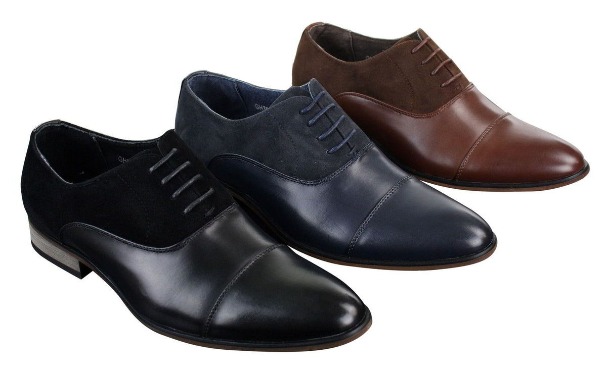 Zapatos de diseñador elegantes e informales de cuero italiano y gamuza para hombre, color marrón, azul marino y negro.