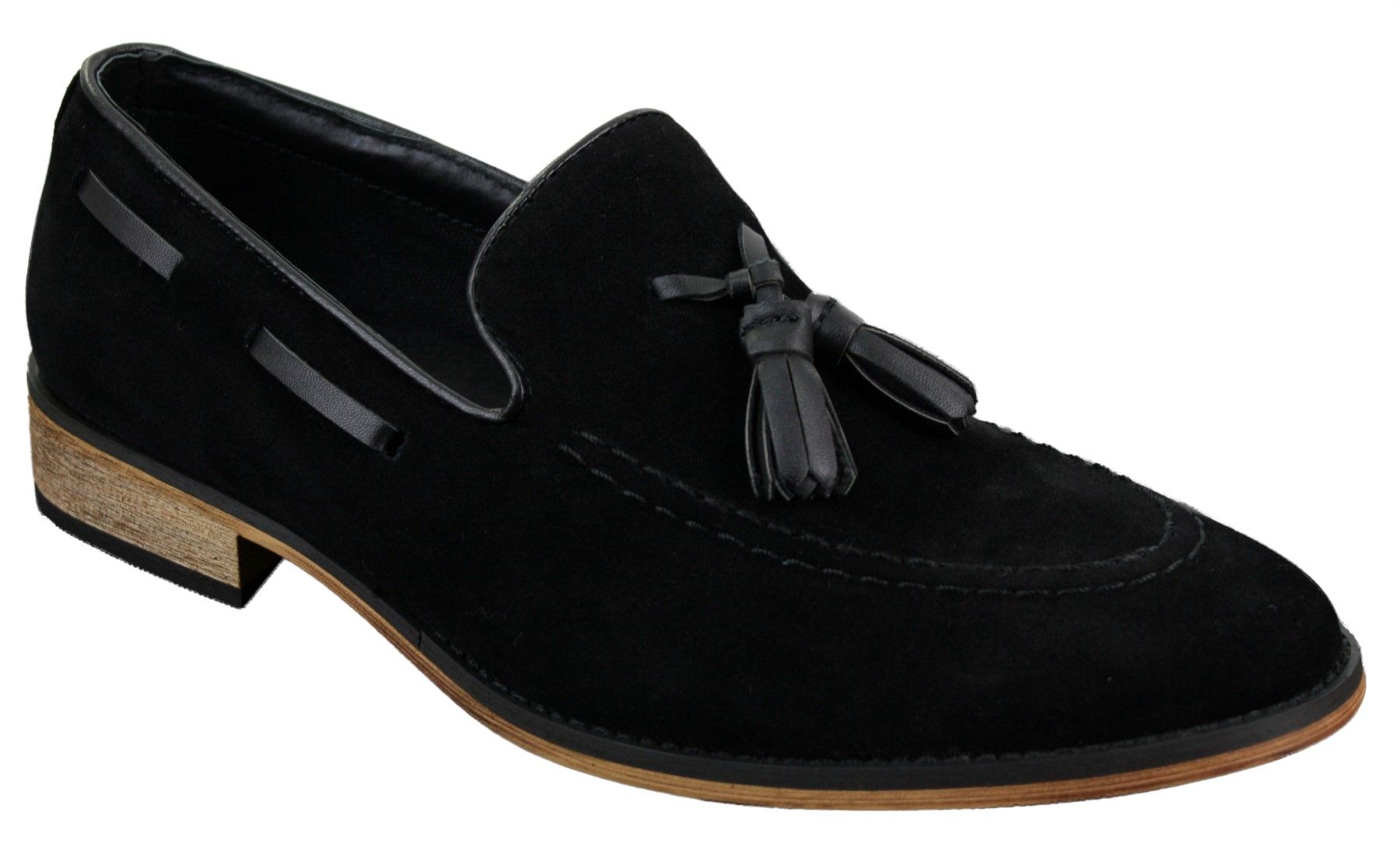 Mocasines italianos para hombre, estilo mocasín, con borlas, de ante, color azul, negro y marrón.