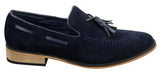 Mocasines italianos para hombre, estilo mocasín, con borlas, de ante, color azul, negro y marrón.