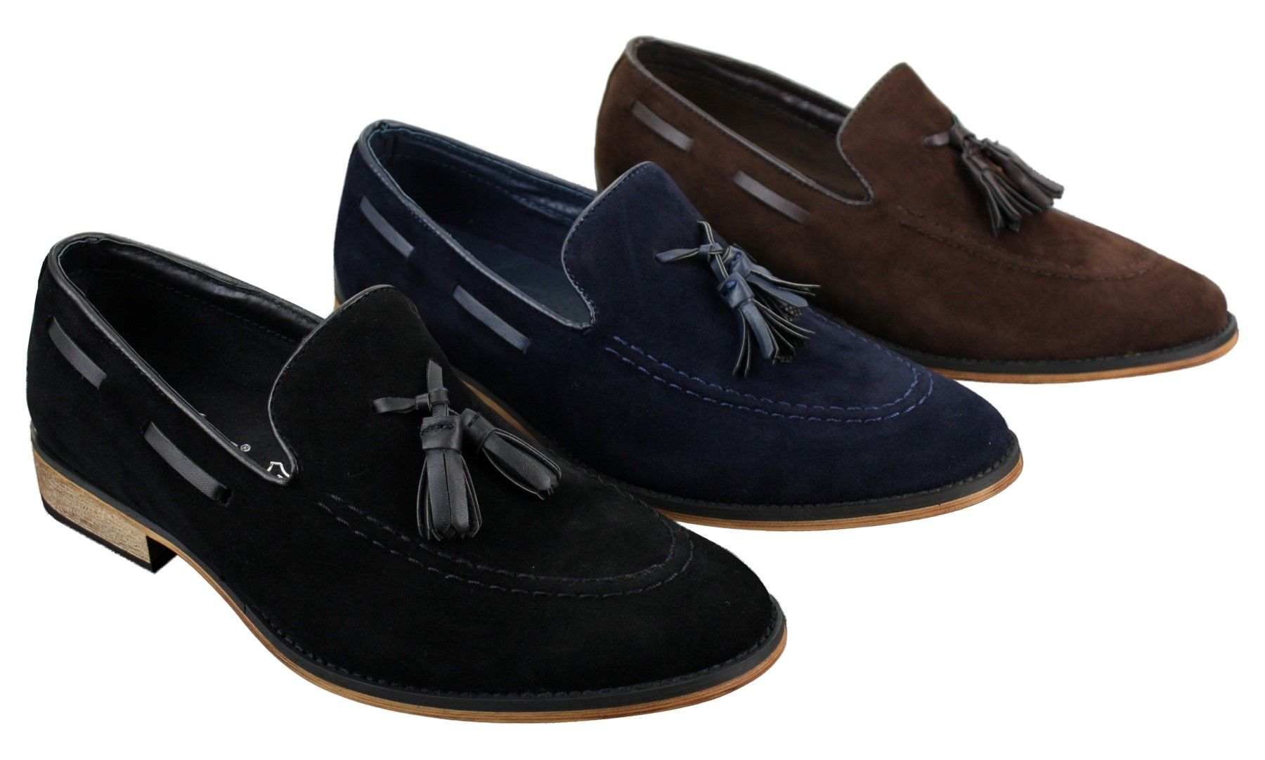 Mocasines italianos para hombre, estilo mocasín, con borlas, de ante, color azul, negro y marrón.