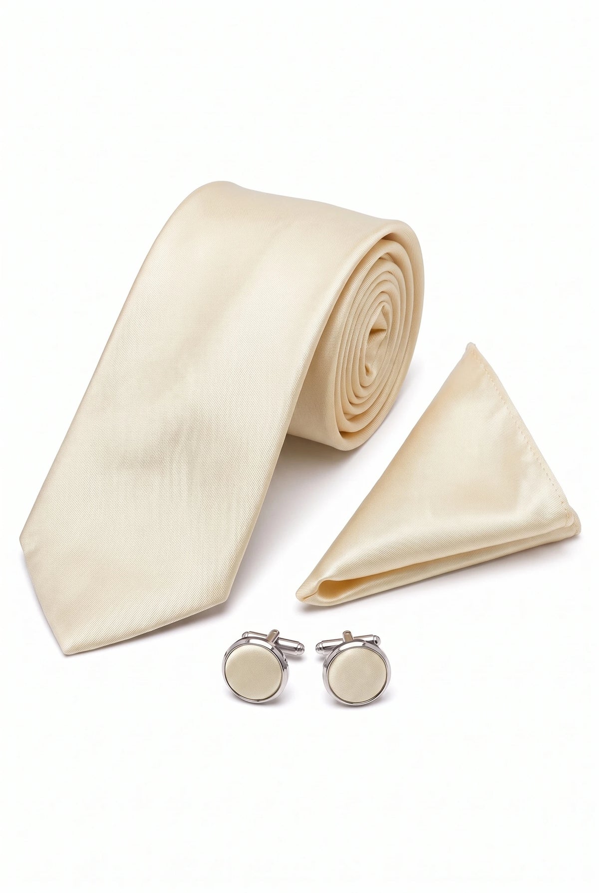 Conjunto de corbata color marfil para hombre con pañuelo de bolsillo y gemelos.