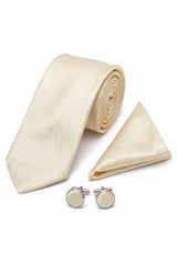 Conjunto de corbata color marfil para hombre con pañuelo de bolsillo y gemelos.