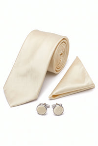 Conjunto de corbata color marfil para hombre con pañuelo de bolsillo y gemelos.
