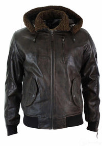 Chaqueta bomber de aviador de cuero auténtico para hombre con capucha y pelo sintético, estilo vintage, color marrón retro.